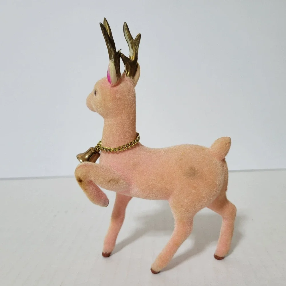 Vtg‎ Flocked Pink Reindeer Deer Lot of 2 Christmas MCM Fuzzy Kitschy 6.5